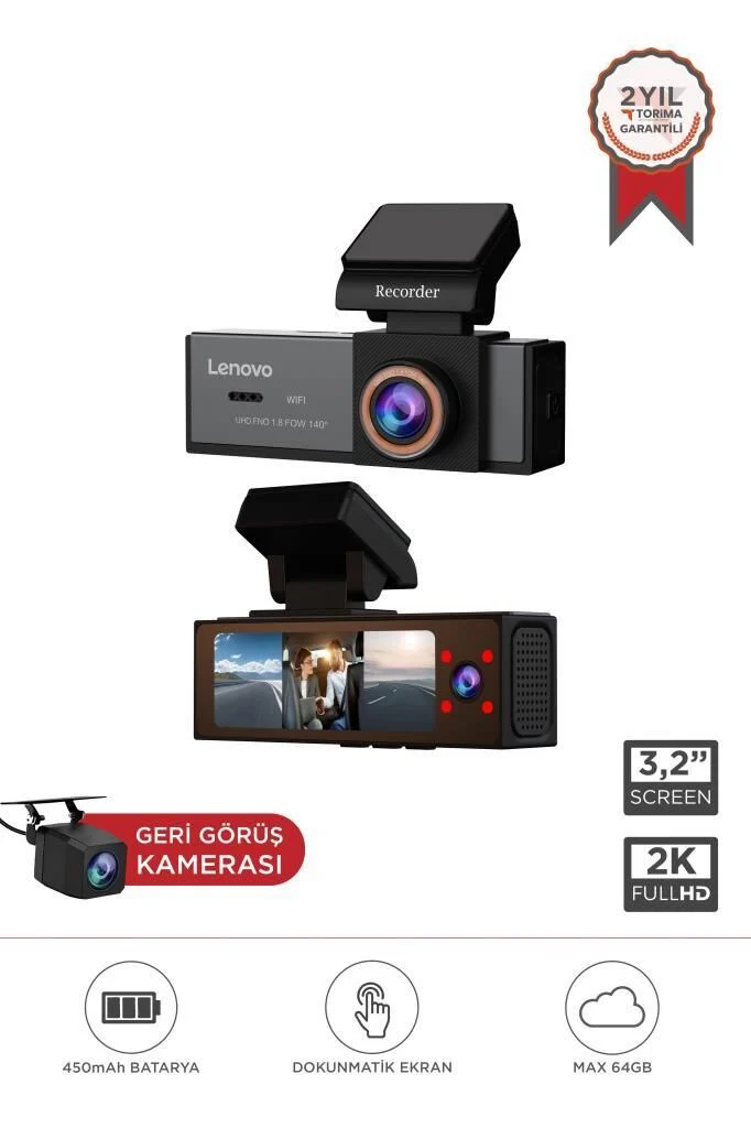 Dashcam 3-lü araç kayıt kamerası ön iç arka