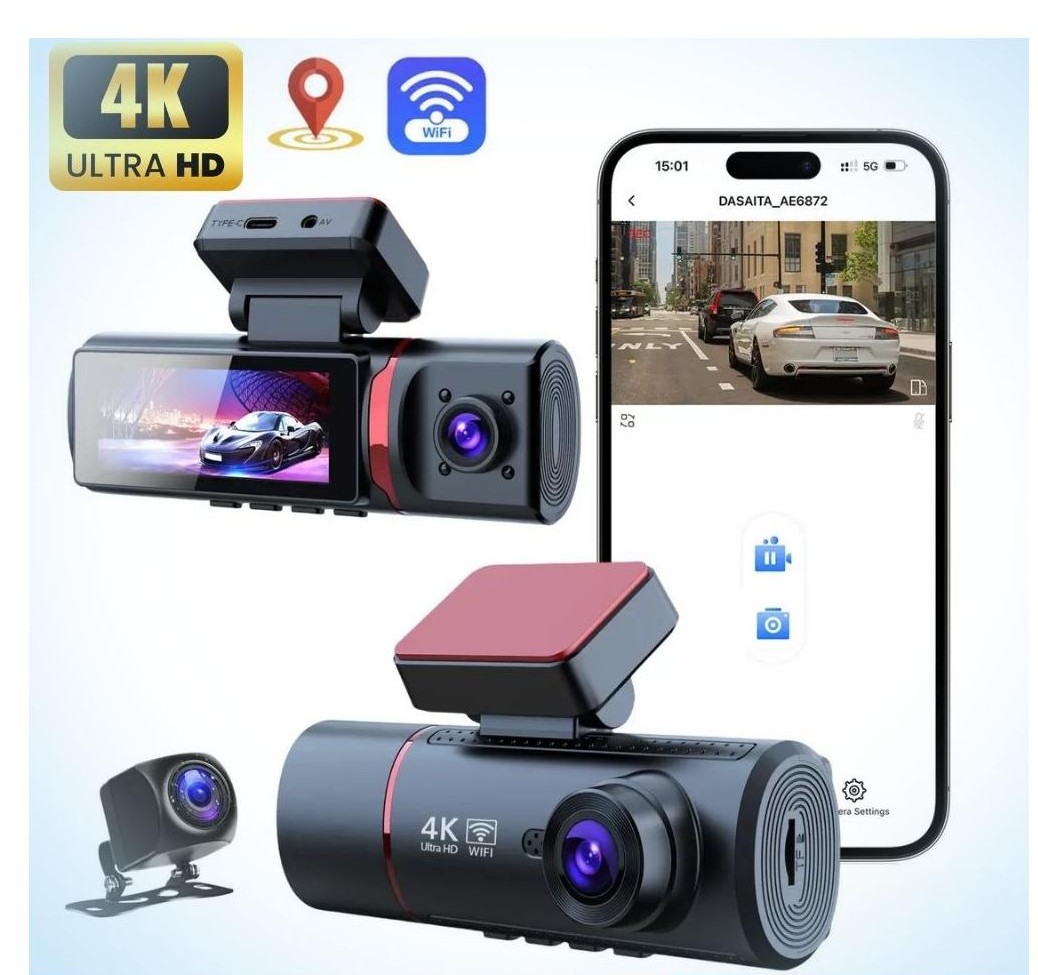4K Ultra HD 3 Kameralı Ön, iç ve Arka Wifi GPS G-Sensör Park Modu Dashcam Kamera - Görsel 2