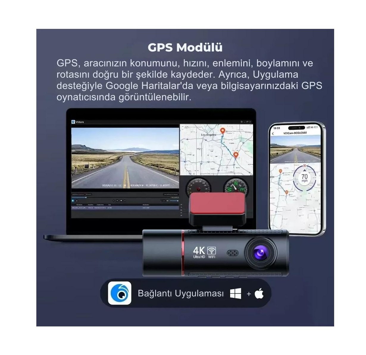 4K Ultra HD 3 Kameralı Ön, iç ve Arka Wifi GPS G-Sensör Park Modu Dashcam Kamera - Görsel 4