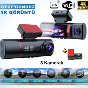 4K Ultra HD 3 Kameralı Ön, iç ve Arka Wifi GPS G-Sensör Park Modu Dashcam Kamera