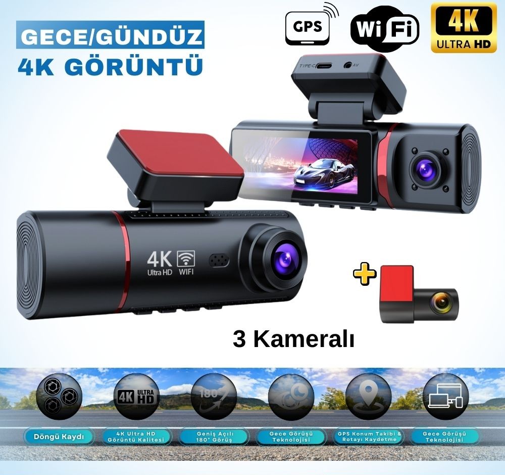 4K Ultra HD 3 Kameralı Ön, iç ve Arka Wifi GPS G-Sensör Park Modu Dashcam Kamera