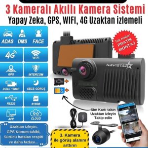 Uzaktan izlemeli 3 Kameralı Wifi GPS 4G Yapay Zeka destekli Akıllı Dashcam Taksi Kamera Sistemi